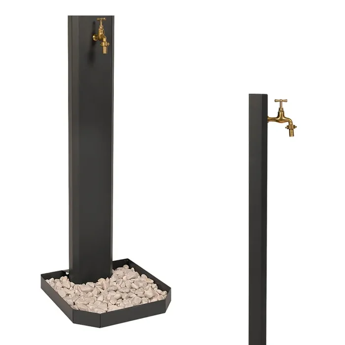 Fontana da Giardino Design a Colonna Ovale Rubinetto in Ottone e Base con Ciottoli Antracite - immagine 2
