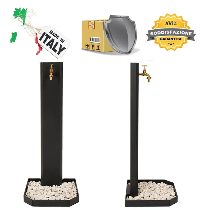 Fontana da Giardino Design a Colonna Ovale Rubinetto in Ottone e Base con Ciottoli Antracite - immagine 3