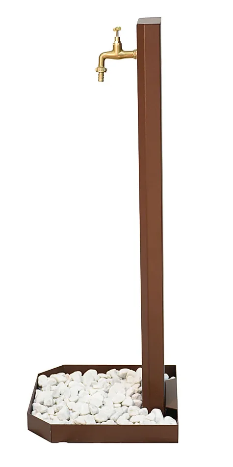Fontana da Giardino Design a Colonna Ovale Rubinetto in Ottone e Base con Ciottoli Corten - immagine 2