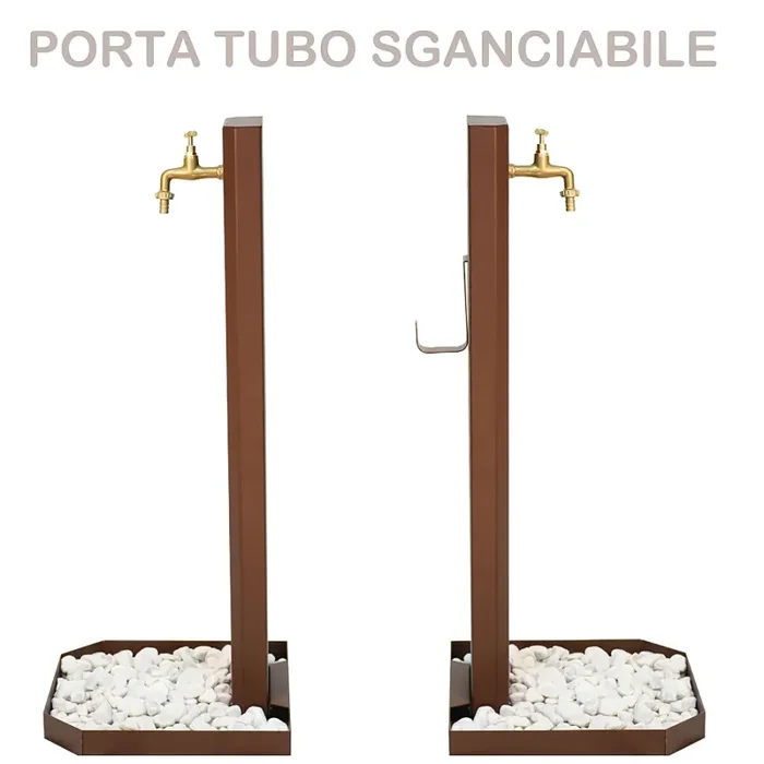 Fontana da Giardino Design a Colonna Ovale Rubinetto in Ottone e Base con Ciottoli Corten - immagine 3