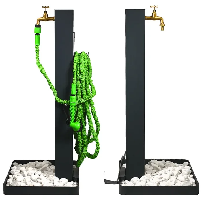 Fontana da Giardino Design a Colonna Quadrata Rubinetto in Ottone e Base con Ciottoli Antracite - immagine 2