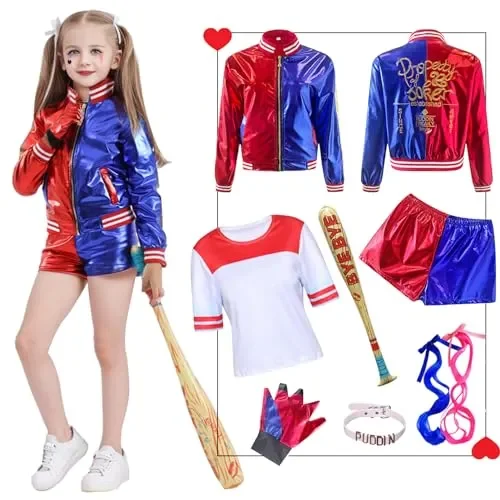 Forfamy Costume Halloween Bambina, Harley Queen Cosplay Outfit con Gonfiabile Mazza da Baseball Giacca Maglietta Pantaloncini Guanto Collana e Parrucca per Carnevale Halloween (140)