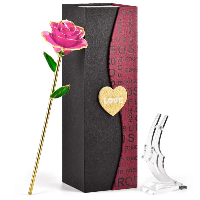 FORGIFTING Fiore di Vera Rosa Placcata con Oro 24K, Rose Conservate