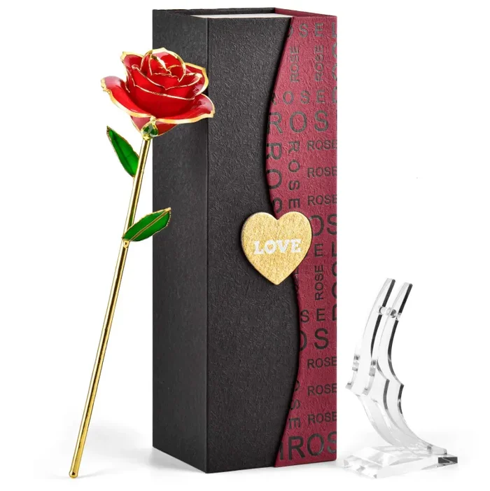 FORGIFTING Fiore di Vera Rosa Placcata con Oro 24K, Rose Rossa