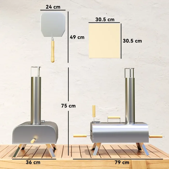 Forno per Pizza a Pellet 79x36x75 cm con Pietra Refrattaria e Pala in Acciaio Inox Argento - immagine 3