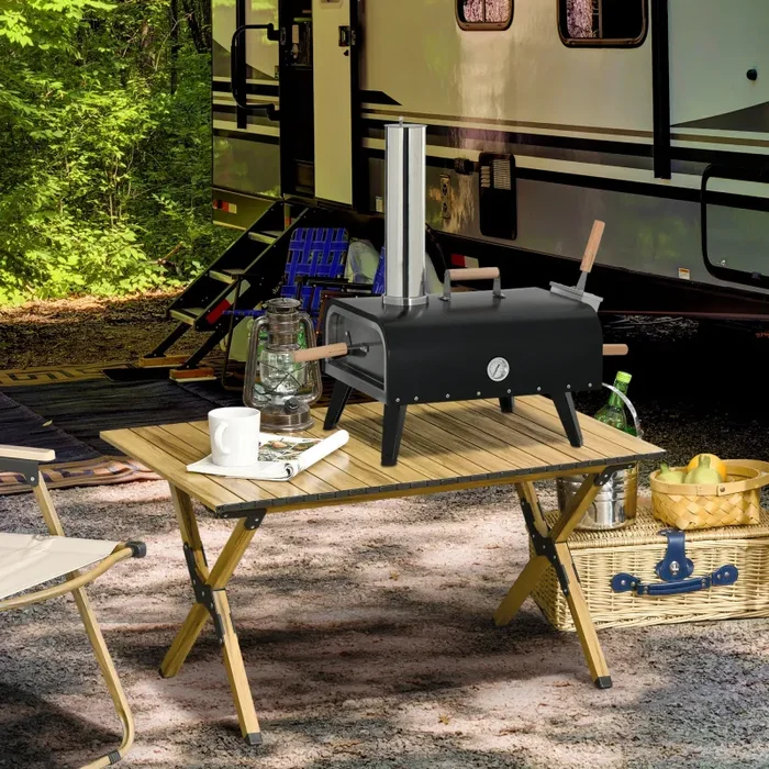 Forno per Pizza Pieghevole e Portatile con Pala e Pietra 81x40x72 cm in Acciaio e Legno Nero - immagine 2