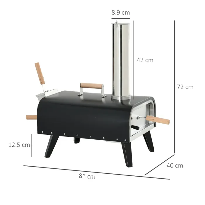 Forno per Pizza Pieghevole e Portatile con Pala e Pietra 81x40x72 cm in Acciaio e Legno Nero - immagine 3
