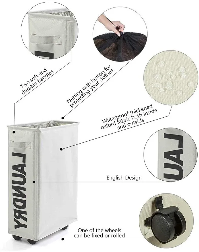 Foucome, cesto portabiancheria sottile con ruote, per vestiti sporchi, organizer per camera da letto, bagno, angolo: 38,1 x 17,8 x 22 cm, Grigio chiaro, 39×18.5x58CM/15.3×7.2×22.8 inch - immagine 3