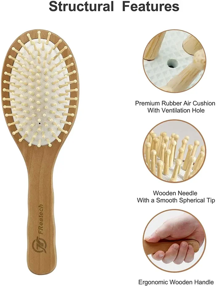 FREATECH Spazzola Capelli in Legno con Cuscino d’aria in Gomma per Districare Capelli e Massaggio Cuoio Capelluto, Antistatico e Liscio Crespo, Pettine Multiuso Denti Larghi in Fibra di Carbonio - immagine 3