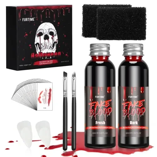 FURTIME Halloween Sangue Finto, 60ml Sangue Artificiale Fresco, 60ml Sangue Finto Rosso Scuro, Denti da Zombi, 30 Tatuaggi Temporanei per Cicatrici, Trucco per Cicatrici da Vampiro di Halloween