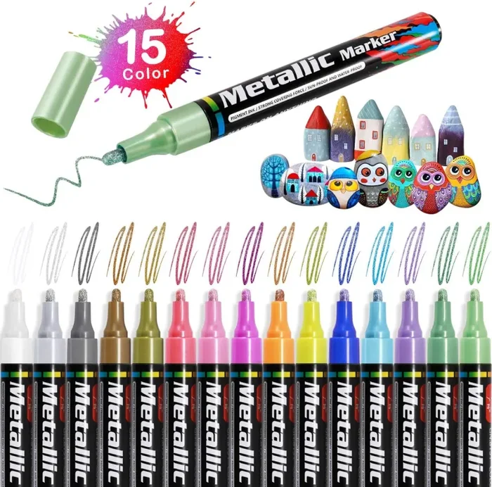 Gafild Pennarelli Metallic Marker Penne, Pennarelli a Vernice Acrilica 15 Colori Impermeabile Pittura Arte Pennarello Set per Ceramica, Tessuti, Plastica, Vetro, Metallo, Legno, Roccia, Tela, Carta