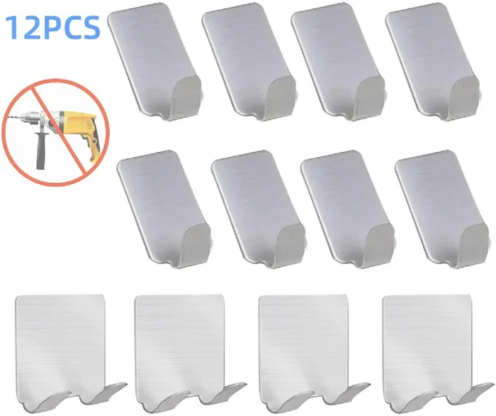 Gancio Autoadesivo(12 pcs), Gancio da Parete in Acciaio Inox, Ganci portasciugamani, Ganci Appendiabiti, Ganci Adesivi da Parete per Bagno e Cucina