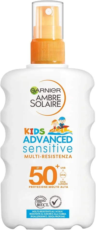 Garnier Ambre Solaire Spray Protettivo IP 50+ Advanced Sensitive Kids, Protezione Molto Alta, Multi-Resistenza, 200 ml