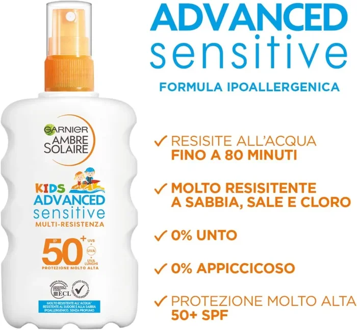Garnier Ambre Solaire Spray Protettivo IP 50+ Advanced Sensitive Kids, Protezione Molto Alta, Multi-Resistenza, 200 ml - immagine 2