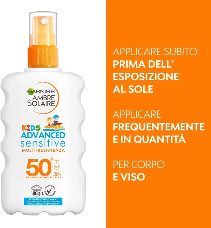 Garnier Ambre Solaire Spray Protettivo IP 50+ Advanced Sensitive Kids, Protezione Molto Alta, Multi-Resistenza, 200 ml - immagine 3