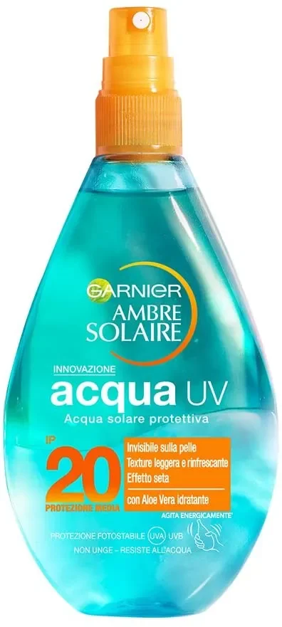 Garnier Ambre Solaire Spray Protezione Solare, Acqua Solare Protettiva UV Arricchita con Aloe Vera, IP30, 150 ml