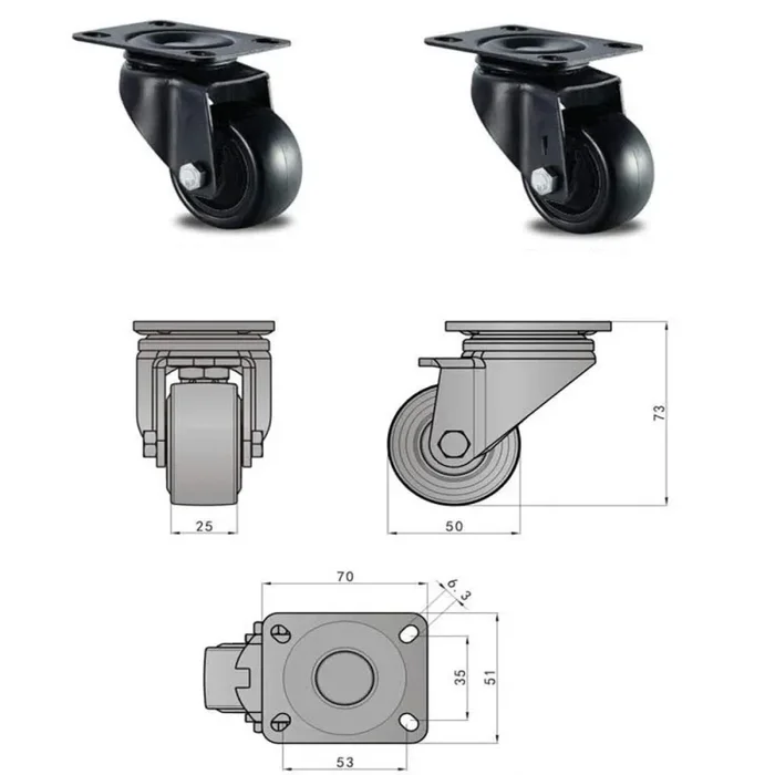 GBL – Set di 4 Nero 4 Ruote Per Carrello 50mm 200KG + 16 Vite, 50mm, Online - immagine 2