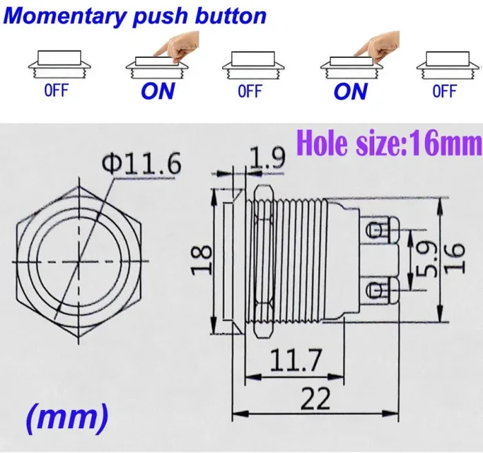 Gebildet 5pcs 16mm 5A 250VAC Pulsante Momentaneo Terminali a Vite Pulsante Impermeabile in Metallo in Acciaio Inossidabile(Testa Alta) - immagine 3
