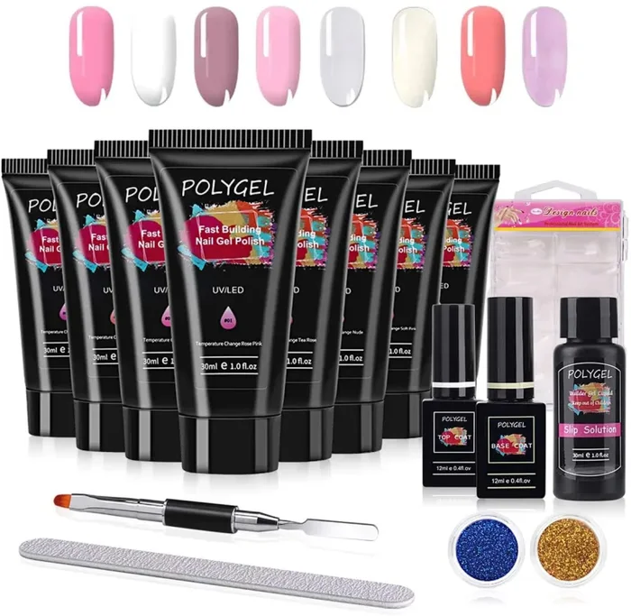 Gel per Unghie Ricostruzione Kit, Mysweety 8 Colorati Poly Gel professionale Rosa, con Unghie Finte/Pennello/Gel Chiodo Base/Top Coat/Soluzione Slip
