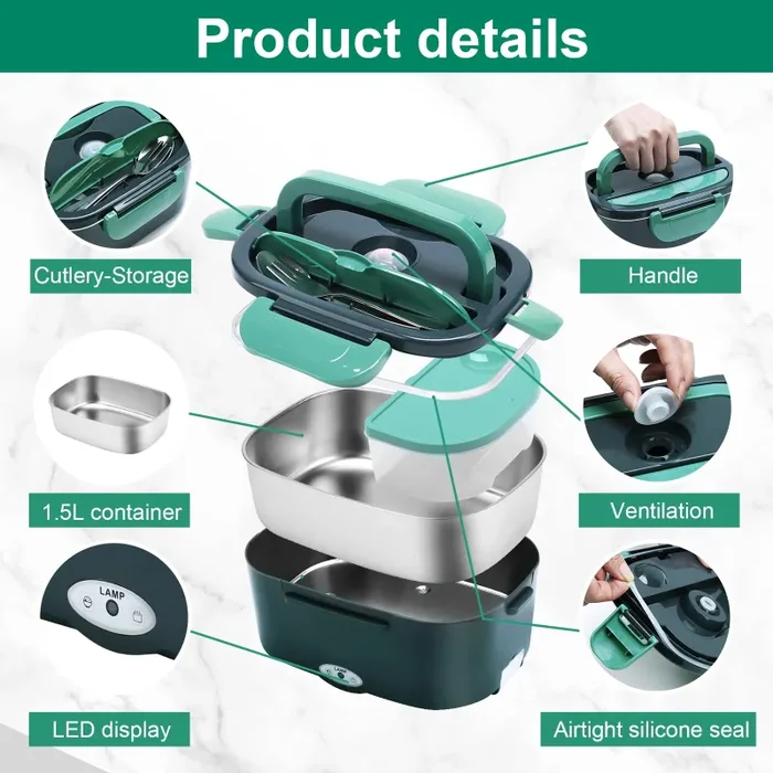 GENTRE Lunch Box elettrico 12V/24V/220V/110V per auto, camion, ufficio e casa, Scaldavivande in acciaio inossidabile da 1,5L Contenitore termico per alimenti con forchetta e cucchiaio Borsa - immagine 3