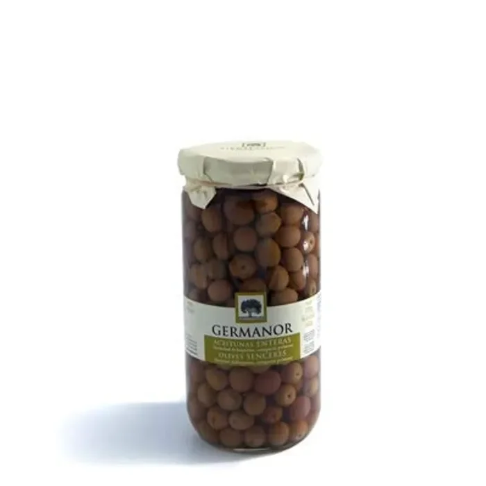 GERMANOR – Olive Intere – Varietà Arbequina Prima Categoria – Non possono mancare sulla tua tavola – Prodotto 100% Spagnolo. Bottiglia 720 g Netto