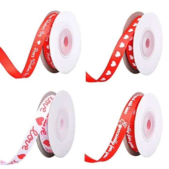 Geviro 4 rotoli di nastro di San Valentino con stampa a cuore, nastro in grosgrain per San Valentino, matrimonio, compleanno, confezione regalo, archi, decorazioni per torte
