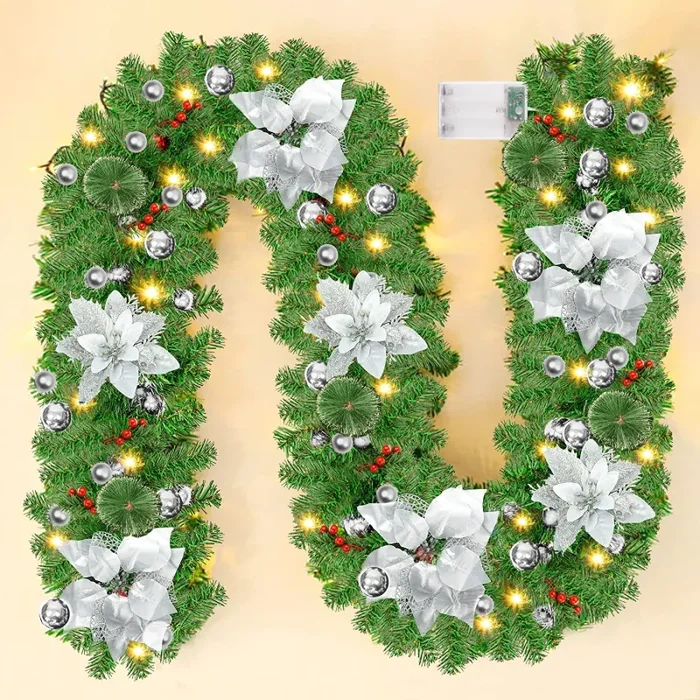 Ghirlanda Natalizia,270cm/8.85ft Ghirlanda Natalizia Con Luci,Ghirlanda Di Pinoaddobbi Natalizi Ghirlande,Ghirlanda Di Pino,Natale Decorazioni Casa(Rosso)