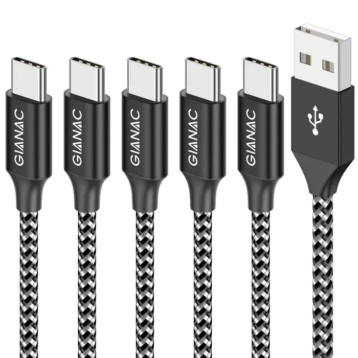 GIANAC Cavo USB C, [5Pezzi,0.25m 0.5m 1m 2m 3m] Nylon Intrecciato 3A Rapida Ricarica Cavo USB Tipo C per Samsung S8 S9 S10 A30 A40 A50 A70 A20e,Huawei P9 P20 P10 P30,Xiaomi,Sony,Gopro,OnePlus Nero + Argento