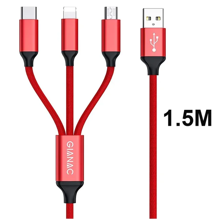 GIANAC Multi Cavo di Ricarica, [1.5M] 3 in 1 Nylon Cavetto Micro Rosso