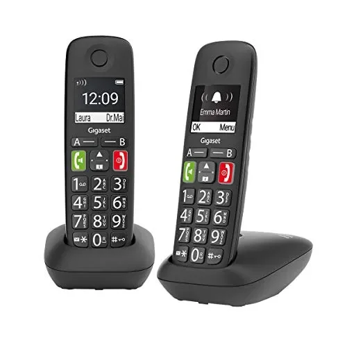 Gigaset E290 Duo, Telefoni Cordless, Due Portatili con Suonerie Forti, Nero