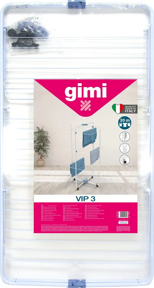 Gimi Vip 3 Stendibiancheria da Pavimento, Stendino a Torre, Verticale, 3 Ripiani, Spazio di Stenditura 30 m, con Ruote, Acciaio, 71 x 71 x 131 cm - immagine 3