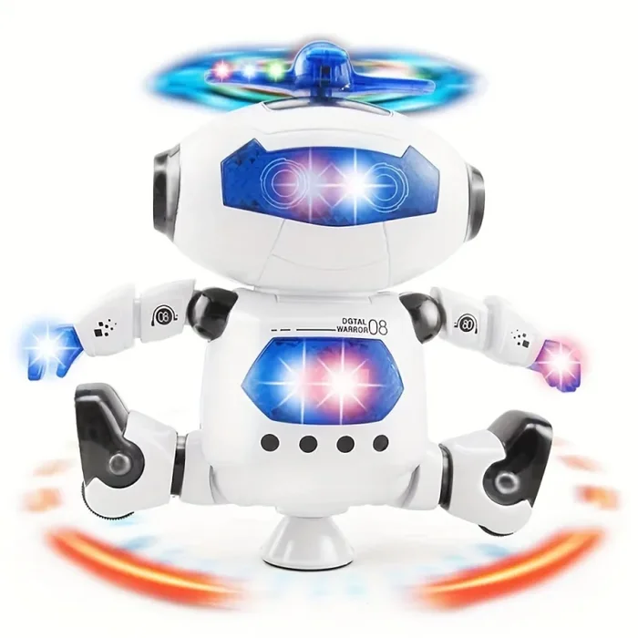 Giocattolo robotico musicale che cammina e balla per bambini, luci lampeggianti, rotazione del corpo a 360 °, figura divertente per bambini maschi e femmine (Modello 1)