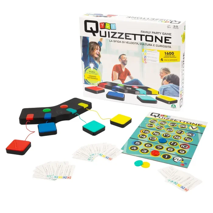 Giochi Preziosi Quizzettone, Gioco da Tavolo Interattivo con Console LED, Carte Multilivello e Pedine, Gioco in Scatola per Tutta la Famiglia e Amici con 200 Carte, 1600 domande e 4 Difficoltà