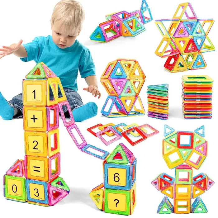 GLADTOP 52 Pezzi Costruzioni Magnetiche per Bambini, Giochi Bimbo 2 3 4 5 6 anni, Magneti Giocattoli Educativi Mattoncini