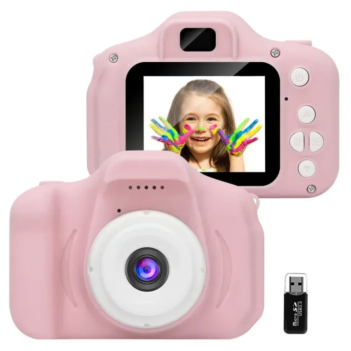 GlobalCrown Fotocamera Bambini,Mini Ricaricabile Fotocamera Digitale per Bambini Videocamera Regali per Ragazze Ragazzi da 3-8 Anni,8MP Video HD Schermo da 2 Pollici (Scheda 32 GB Inclusa) Rosa