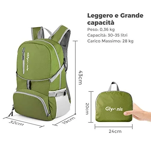 Glymnis Zaino Ripiegabile 30L da Viaggio Pieghevole Impermeabile Verde - immagine 2