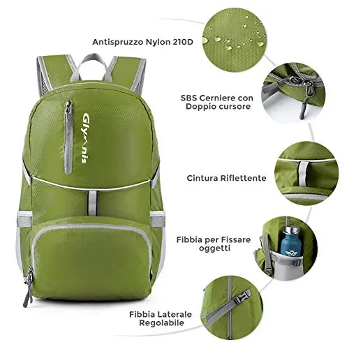 Glymnis Zaino Ripiegabile 30L da Viaggio Pieghevole Impermeabile Verde - immagine 3