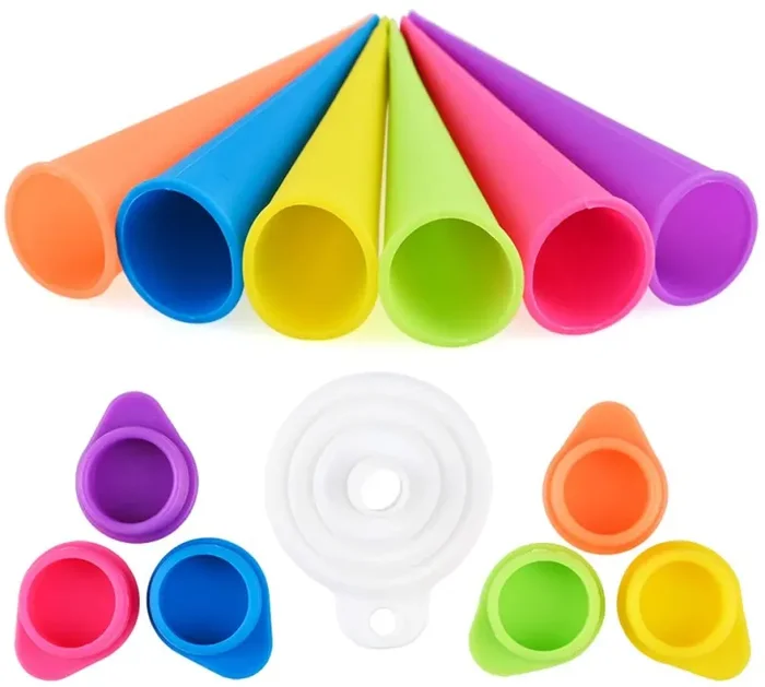 GOLDGE Stampo per Ghiaccioli, Set di 6 Stampi Ghiaccio in Silicone e 1 Imbuto, Stampo di Popsicle con Coperchi, Riutilizzabili, Flessibile, Lavabile in Lavastoviglie, Colorito