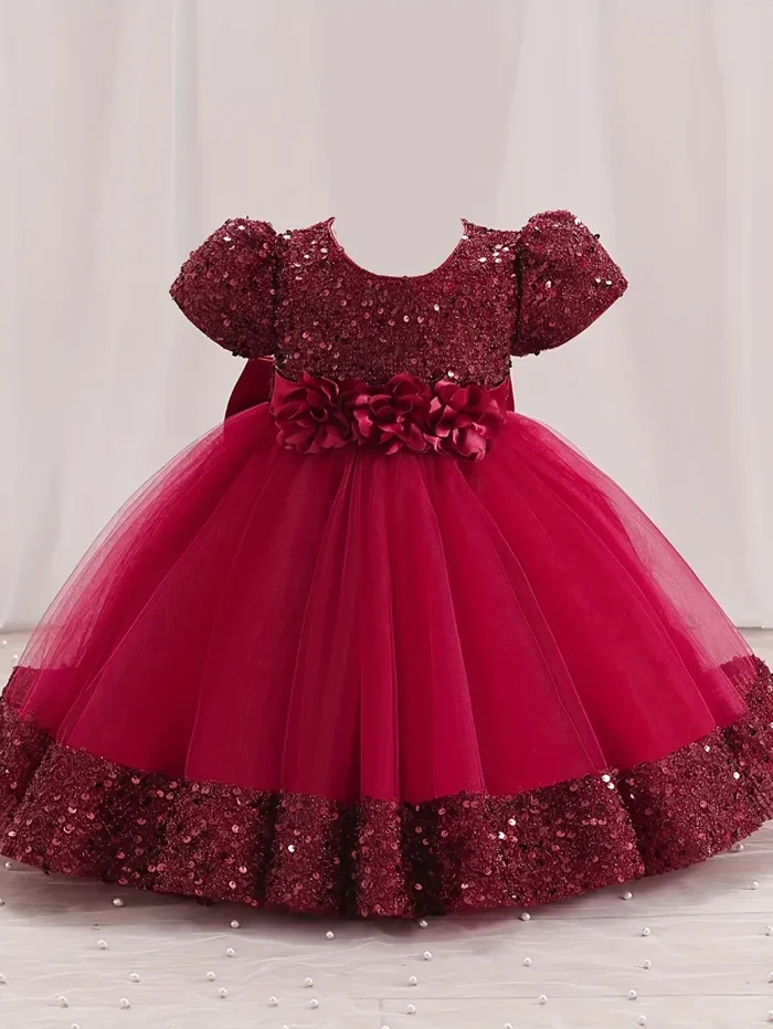 Gorgeour Sequin Flower Decor Puff Manica Corta Tutu Vestito Vestito Principessa Ragazze Bambini Abbigliamento Festa Natale