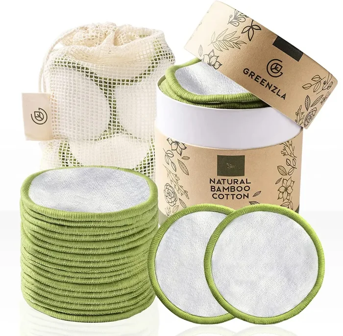 Greenzla Dischetti Struccanti Lavabili (20 Pack) con sacchetto di lavanderia lavabile e scatola rotonda per lo stoccaggio | bambù naturale e cotone organico | Dischetti struccanti riutilizzabili bambù
