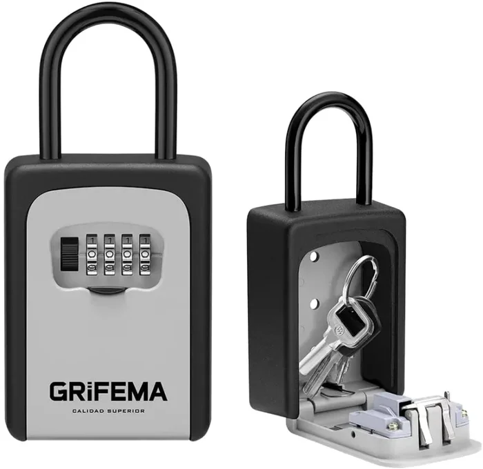 GRIFEMA GA1004 Cassetta di Sicurezza per Chiavi, Cassaforte Portatile con Gancio, 4 Cifre, Metallo, Grigio, Con maniglia