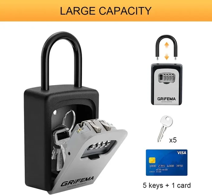 GRIFEMA GA1004 Cassetta di Sicurezza per Chiavi, Cassaforte Portatile con Gancio, 4 Cifre, Metallo, Grigio, Con maniglia - immagine 3