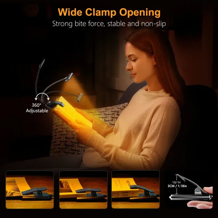 Gritin 19 LEDs Luce da Lettura,Lampada da Lettura Ricaricabile USB con 3 Temperature di Colore,Dimmerabile Senza Livelli,Lunga Durata,360°Flessibile Lampada Luce Libro con Clip per Lettori e Bambini - immagine 3