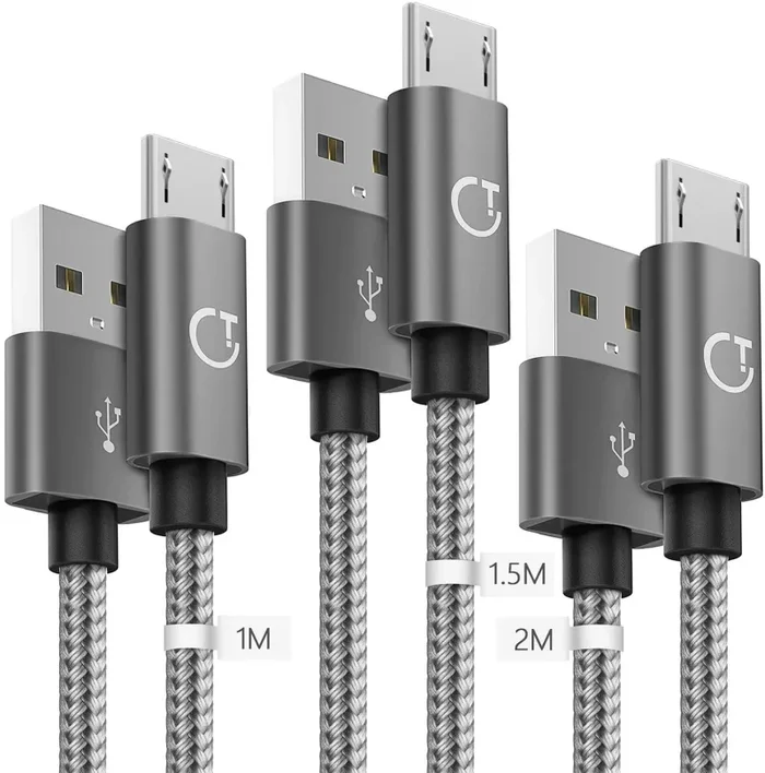 Gritin Cavo Micro USB, [3 Pezzi:1m,1.5m,2m] Nylon Intrecciato Cavo USB Micro USB-Trasferimento Dati e Ricarica per Android, Samsung, Nexus, LG, Sony, HTC, Motorola, Kindle, Nokia e Altri(Grigio)