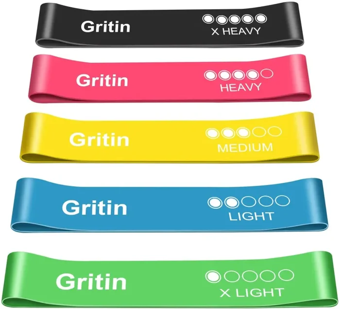 Gritin Elastici Fitness, [Set di 5] Banda Elastica Fasce Elastiche di Resistenza di Lattice Naturale con Istruzioni per l’esercizio in Italiano e Borsa per Il Trasporto per Crossfit, Yoga, Pilates