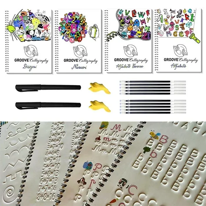 GROOVE Calligraphy 4 Quaderni Riutilizzabili, A4 con Scanalature Premium, Alfabeto, Corsivo, Numeri, Disegni+2 Penne Magiche+10 Inchiostro+2 Correttori di Postura delle Dita