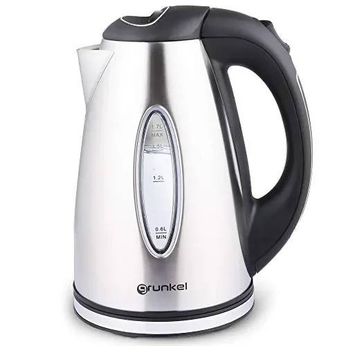 Grunkel – Bollitore elettrico in acciaio inox da 1,7 litri di capacità e 2200 W di potenza, spia acqua bollitura, spegnimento automatico e filtro dell’acqua rimovibile, modello HV-16GX