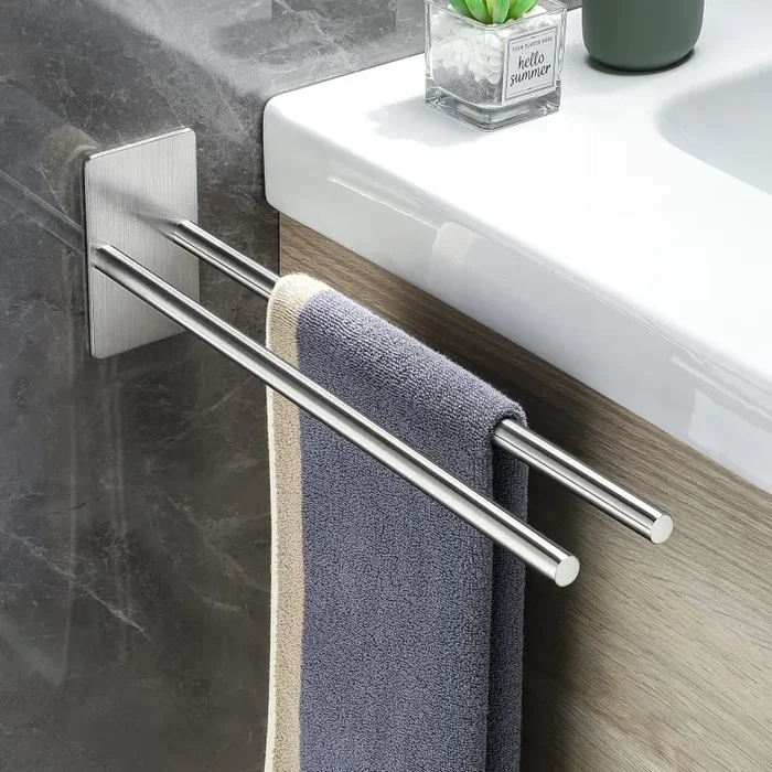 Gsocel Portasciugamani a Due Bracci in Acciaio Inox 304 Autoadesivo Porta Asciugamani Doppio Senza Foratura Portasalviette da Parete per Bagno e Cucina Argento 38CM