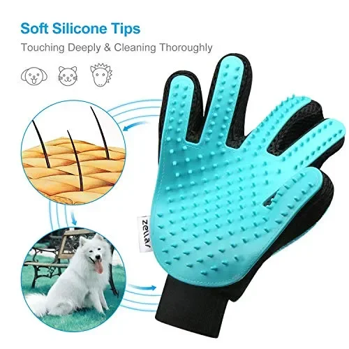 Guanto Spazzola Per Animali Massaggio Pulizia, Zellar 2 Pezzi Deshedding blu - immagine 3