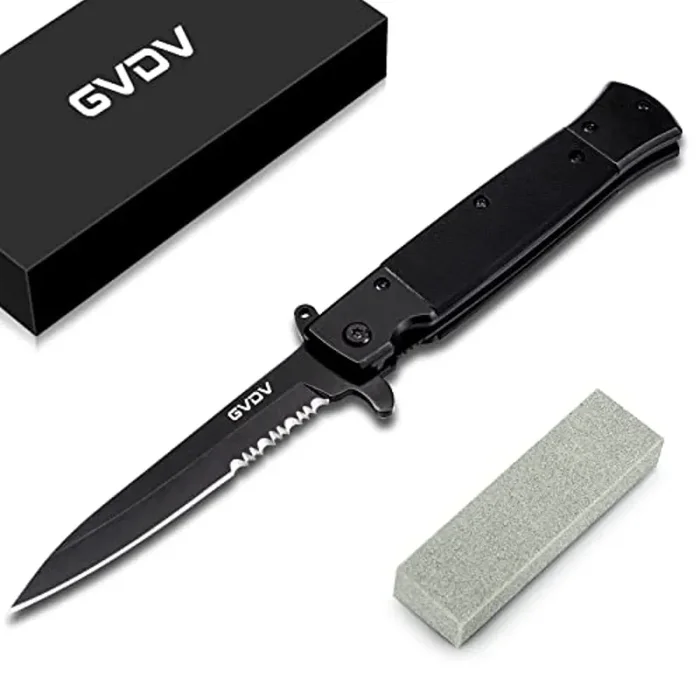 GVDV Coltello Pieghevole Tascabile con Manico G10, Coltello Serramanico in Acciaio Inossidabile 7CR17 con Chiusura di Sicurezza, Coltello da Sopravvivenza per Campeggio e Caccia per Uomini, Nero